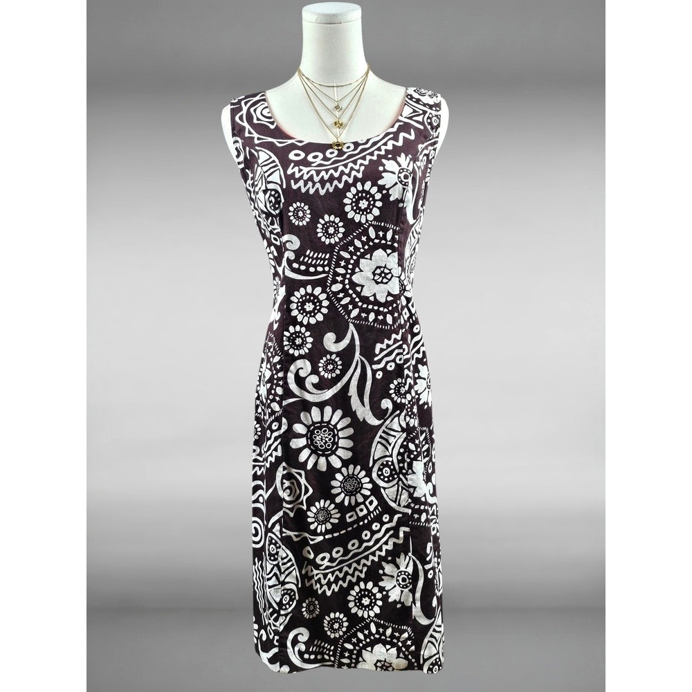 Vintage Mod Retro Floral Paisley Sheath Dress Brown Womens 8